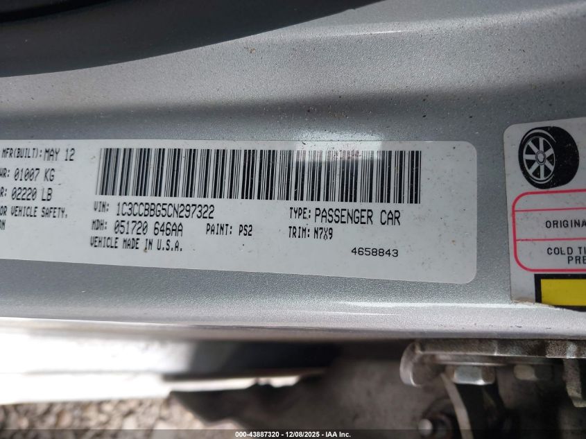 2012 Chrysler 200 Touring VIN: 1C3CCBBG5CN297322 Lot: 43887320