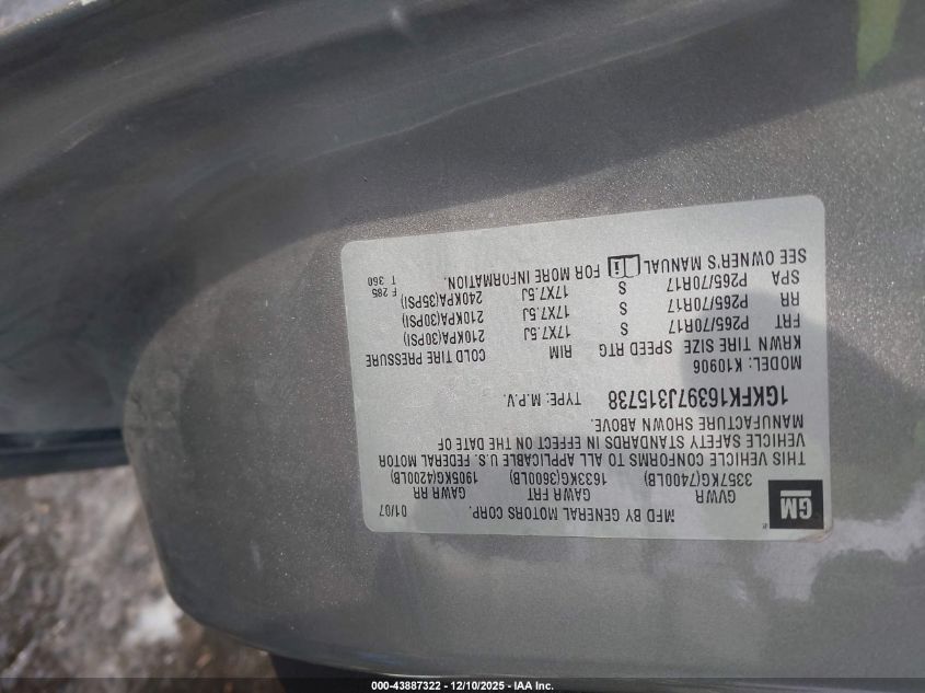 2007 GMC Yukon Xl 1500 Sle VIN: 1GKFK16397J315738 Lot: 43887322