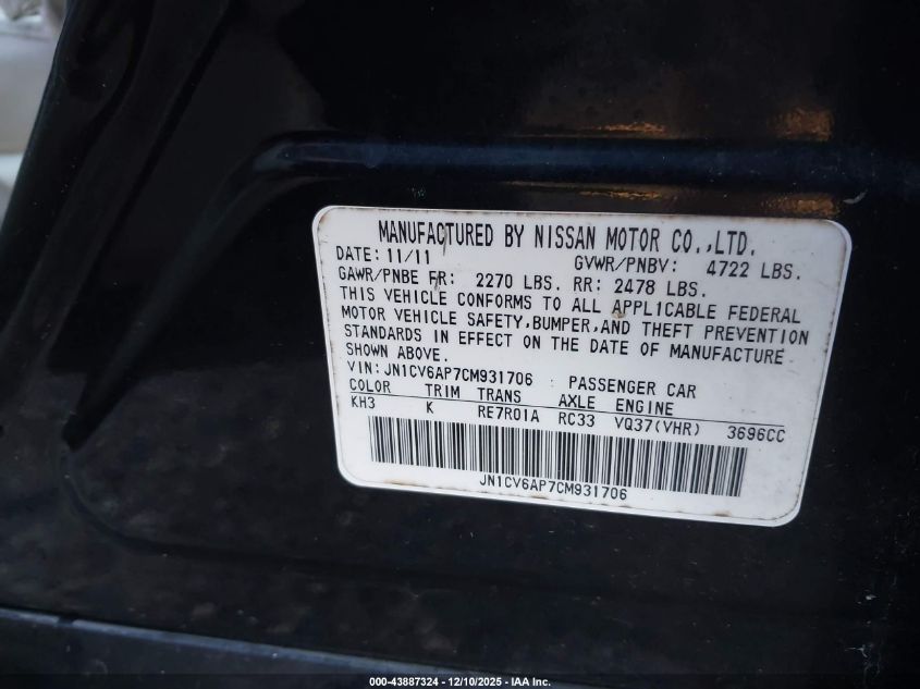 2012 Infiniti G37 Journey VIN: JN1CV6AP7CM931706 Lot: 43887324