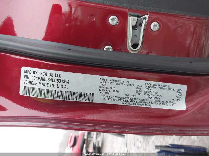 2020 Jeep Cherokee Latitude Plus 4X4 VIN: 1C4PJMLB4LD631394 Lot: 43887340