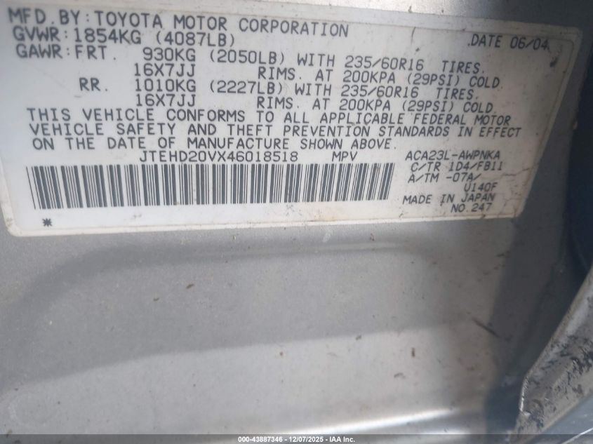 2004 Toyota Rav4 VIN: JTEHD20VX46018518 Lot: 43887346