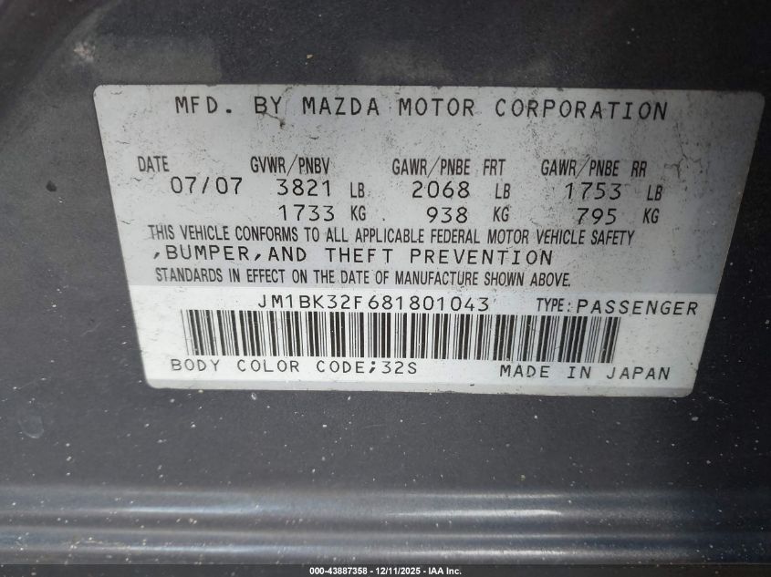 2008 Mazda Mazda3 I VIN: JM1BK32F681801043 Lot: 43887358