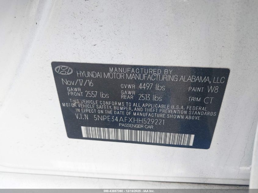 2017 Hyundai Sonata Sport VIN: 5NPE34AFXHH529221 Lot: 43887360