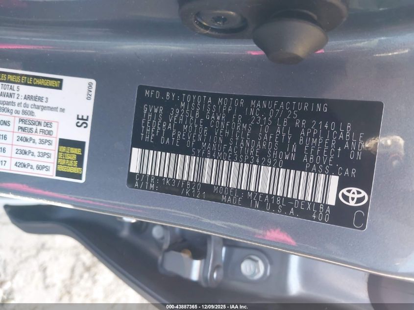 2025 Toyota Corolla Le VIN: 5YFB4MDE3SP342920 Lot: 43887365