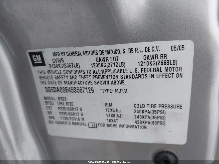 2005 Buick Rendezvous Cx VIN: 3G5DA03E45S567129 Lot: 43887366