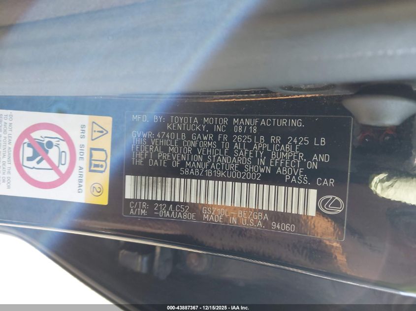 2019 Lexus Es 350 Ultra Luxury VIN: 58ABZ1B19KU002002 Lot: 43887367