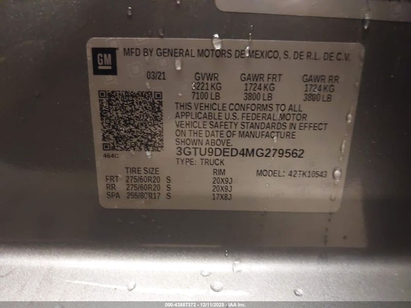 2021 GMC Sierra 1500 4Wd Short Box Slt VIN: 3GTU9DED4MG279562 Lot: 43887372