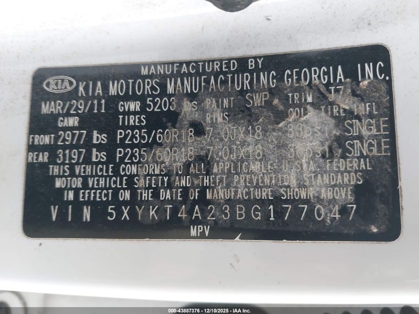 2011 Kia Sorento Lx V6 VIN: 5XYKT4A23BG177047 Lot: 43887376