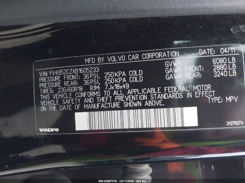 2011 Volvo Xc90 3.2 VIN: YV4952CZXB1605233 Lot: 43887378