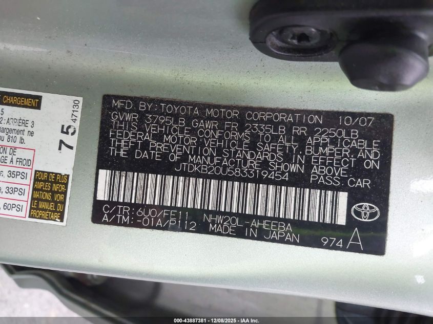 2008 Toyota Prius VIN: JTDKB20U583319454 Lot: 43887381