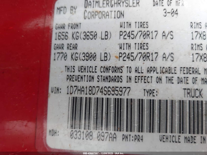1D7HA18D74S695977 2004 DODGE RAM photo no. 9