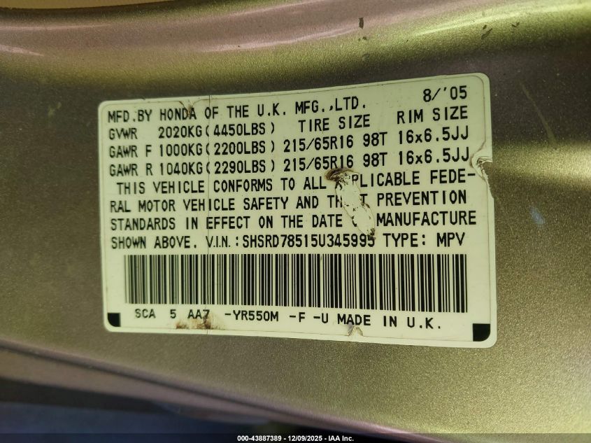 2005 Honda Cr-V Lx VIN: SHSRD78515U345995 Lot: 43887389