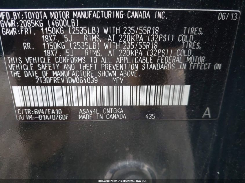 2013 Toyota Rav4 Limited VIN: 2T3DFREV1DW064039 Lot: 43887392