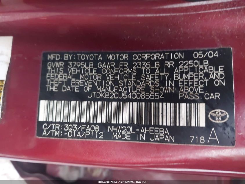 2004 Toyota Prius VIN: JTDKB20U540085554 Lot: 43887394