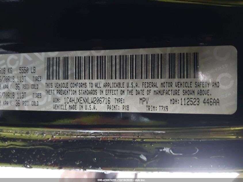 2020 Jeep Wrangler Unlimited North Edition 4X4 VIN: 1C4HJXENXLW206716 Lot: 43887419