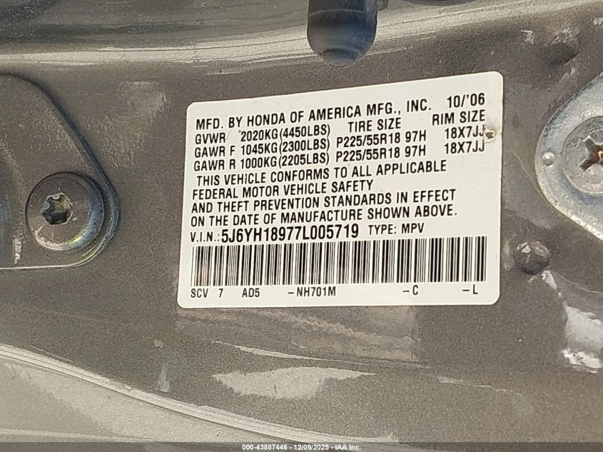 2007 Honda Element Sc VIN: 5J6YH18977L005719 Lot: 43887446