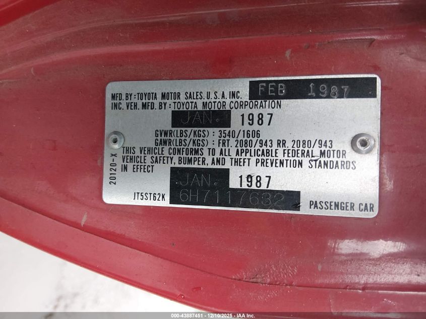 1987 Toyota Celica Gt VIN: JT5ST62K6H7117632 Lot: 43887451