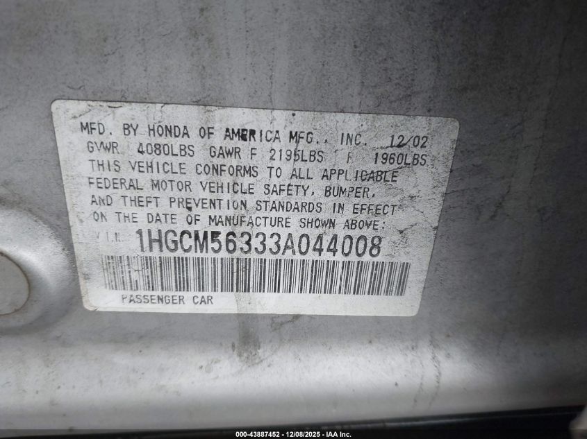 2003 Honda Accord 2.4 Lx VIN: 1HGCM56333A044008 Lot: 43887452