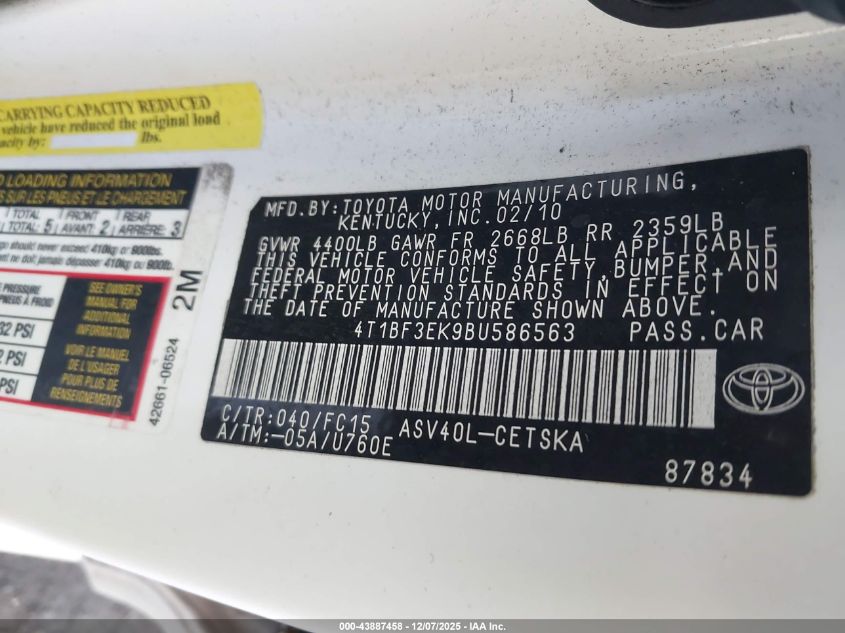 2011 Toyota Camry Se VIN: 4T1BF3EK9BU586563 Lot: 43887458