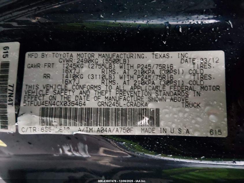 2012 Toyota Tacoma Base V6 VIN: 5TFUU4EN4CX036464 Lot: 43887476