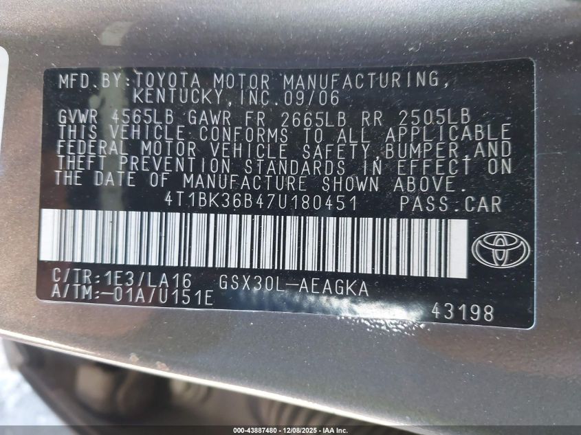 2007 Toyota Avalon Xls VIN: 4T1BK36B47U180451 Lot: 43887480