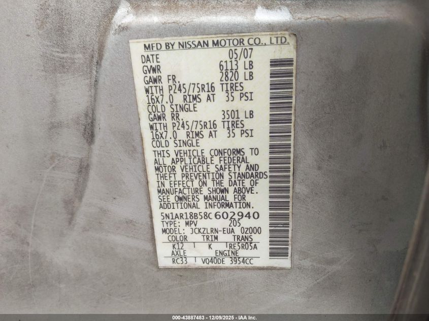 2008 Nissan Pathfinder S VIN: 5N1AR18B58C602940 Lot: 43887483