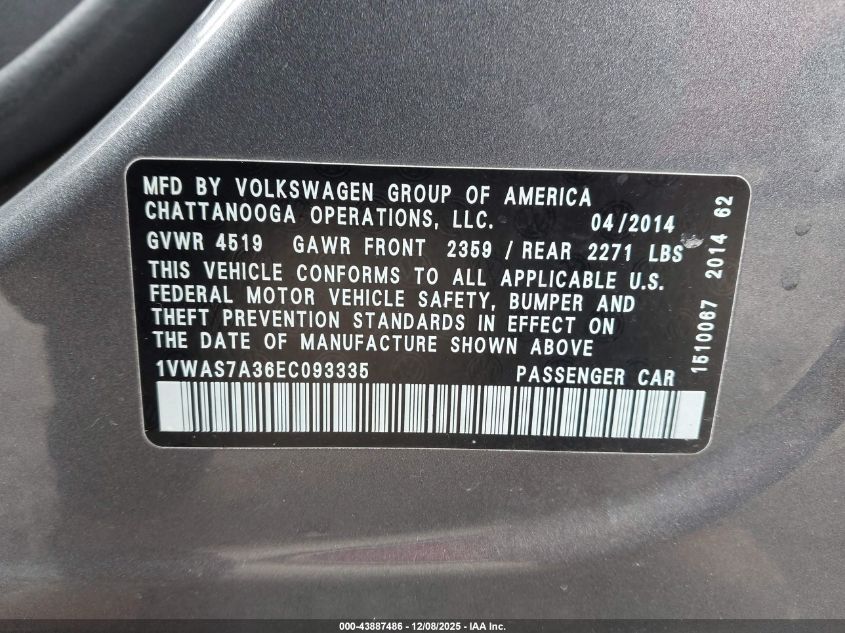 2014 Volkswagen Passat 1.8T Wolfsburg Edition VIN: 1VWAS7A36EC093335 Lot: 43887486