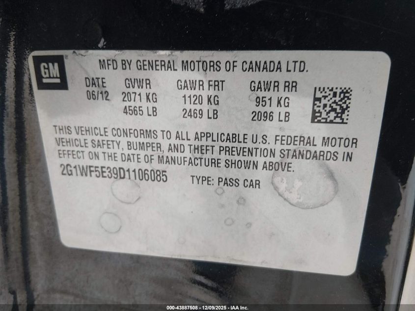 2013 Chevrolet Impala Ls VIN: 2G1WF5E39D1106085 Lot: 43887508