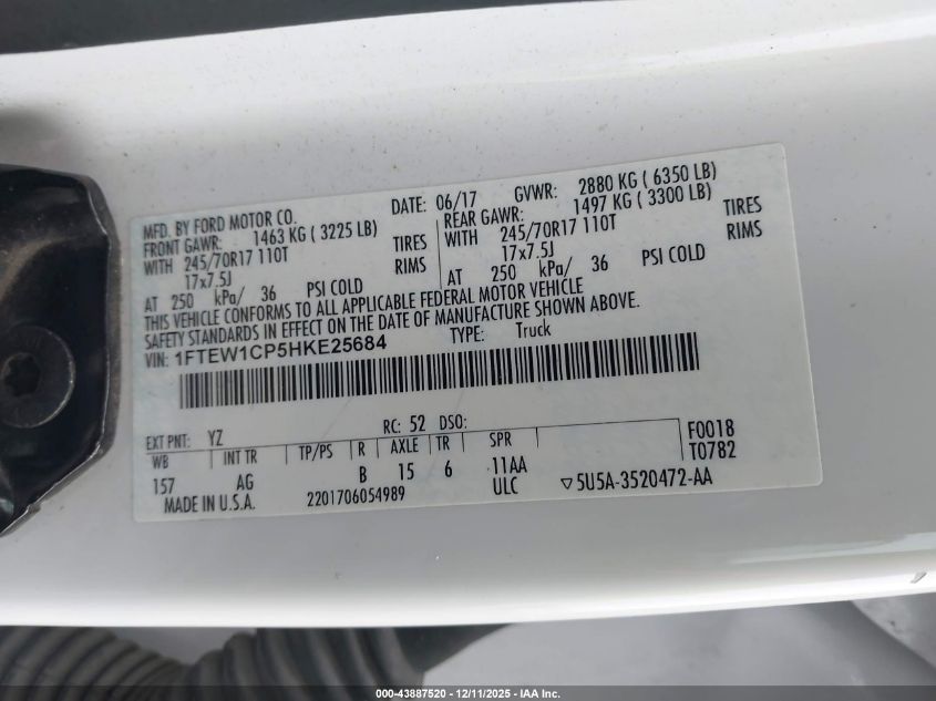 2017 Ford F-150 Xl VIN: 1FTEW1CP5HKE25684 Lot: 43887520