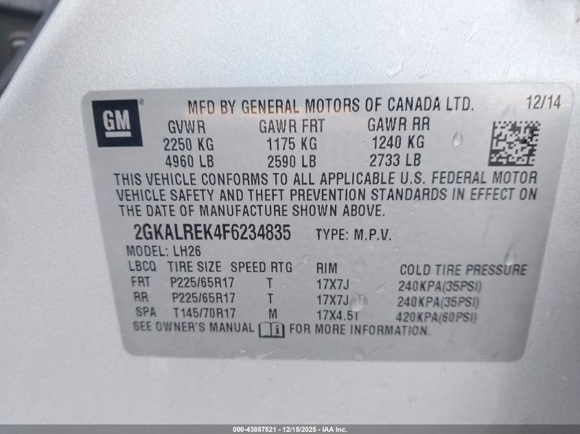 2015 GMC Terrain Sle-2 VIN: 2GKALREK4F6234835 Lot: 43887521