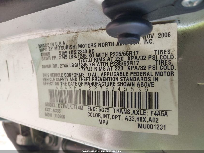 2007 Mitsubishi Endeavor Ls VIN: 4A4MM21S27E045836 Lot: 43887533