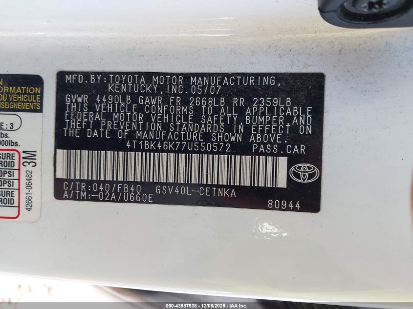 2007 Toyota Camry Le V6 VIN: 4T1BK46K77U550572 Lot: 43887538