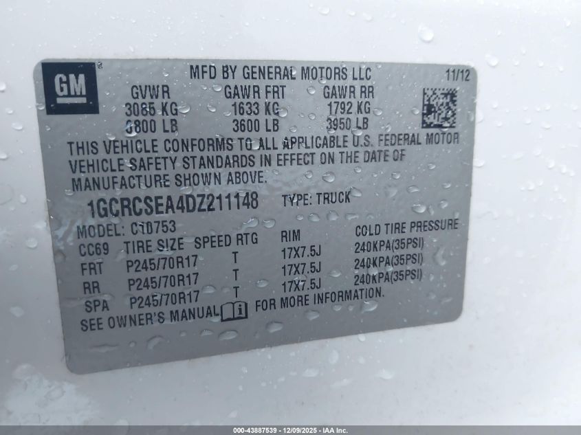 2013 Chevrolet Silverado 1500 Lt VIN: 1GCRCSEA4DZ211148 Lot: 43887539