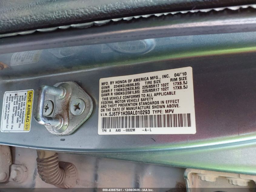 2010 Honda Accord Crosstour Ex VIN: 5J6TF1H39AL010293 Lot: 43887541