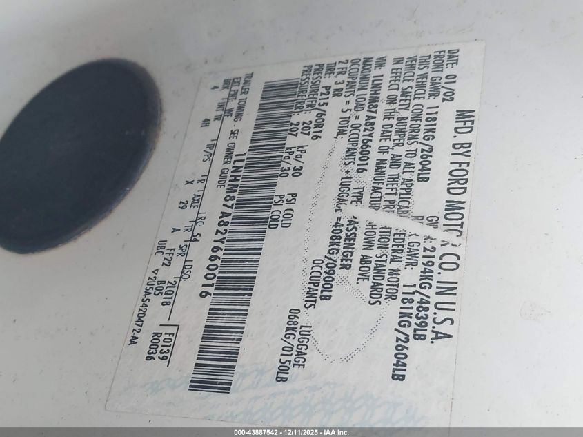 2002 Lincoln Ls V8 Auto VIN: 1LNHM87A82Y660016 Lot: 43887542