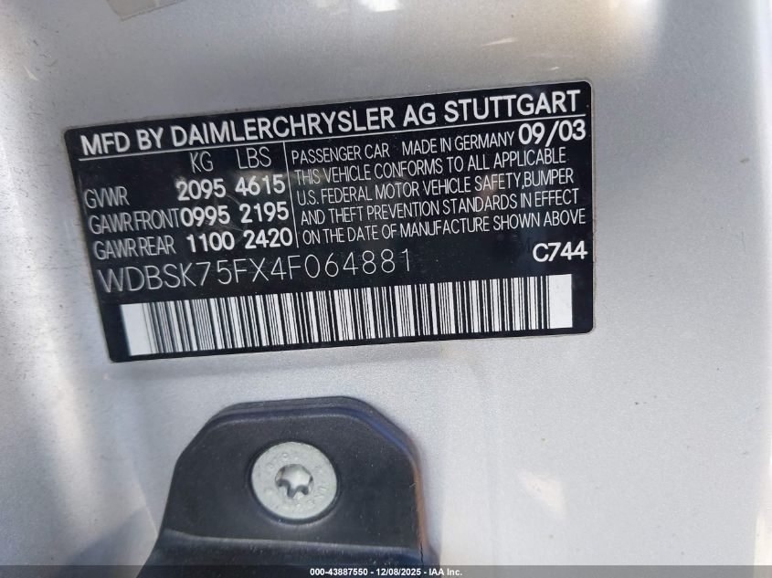 2004 Mercedes-Benz Sl 500 VIN: WDBSK75FX4F064881 Lot: 43887550