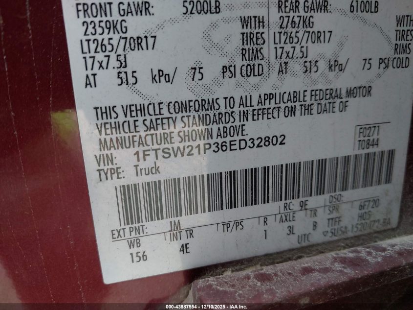 2006 Ford F-250 Lariat/Xl/Xlt VIN: 1FTSW21P36ED32802 Lot: 43887554