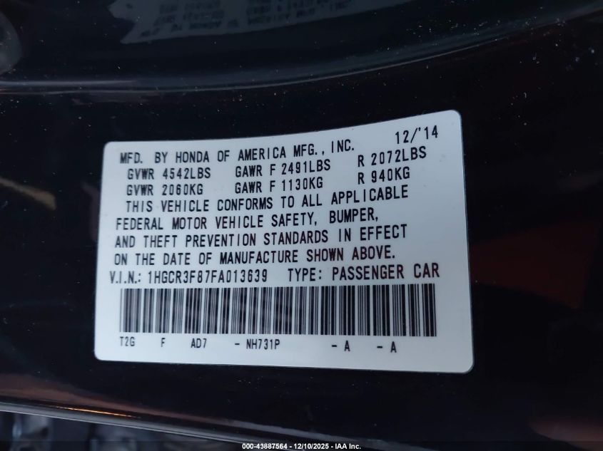 2015 Honda Accord Ex-L V-6 VIN: 1HGCR3F87FA013639 Lot: 43887564