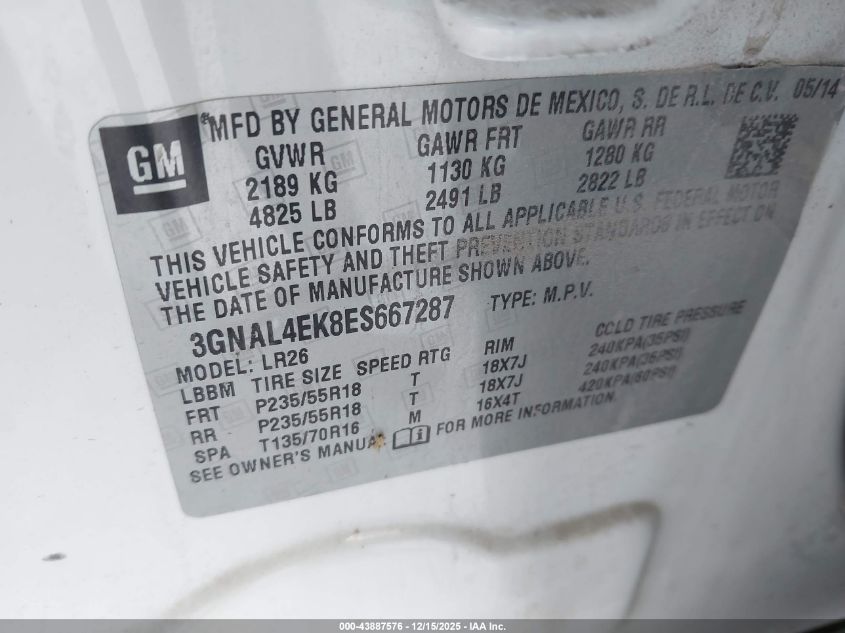 2014 Chevrolet Captiva Sport Ltz VIN: 3GNAL4EK8ES667287 Lot: 43887576