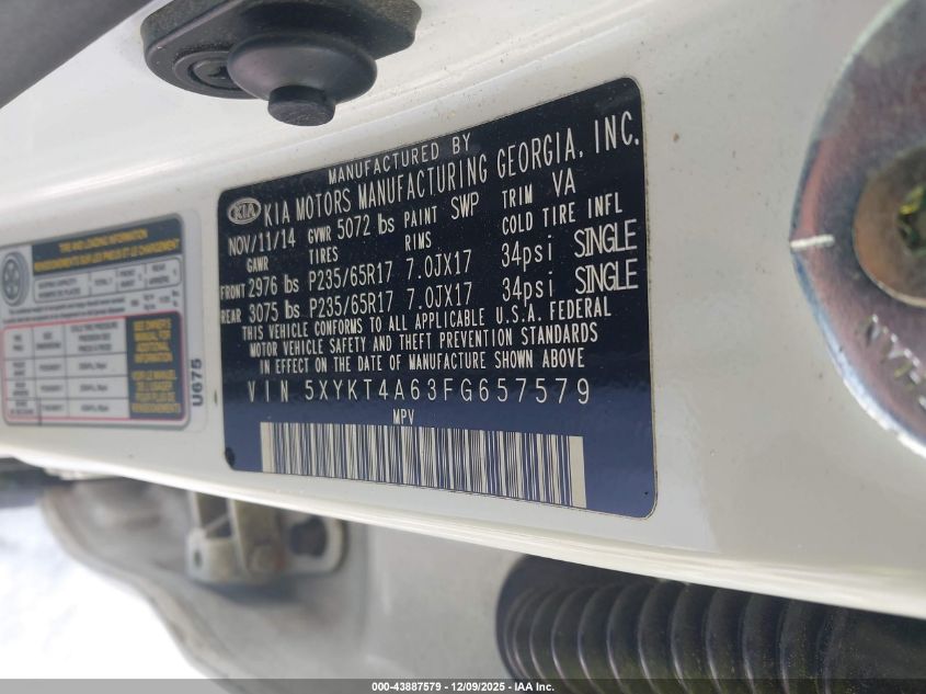 2015 Kia Sorento Lx VIN: 5XYKT4A63FG657579 Lot: 43887579