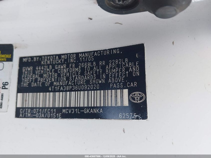 2006 Toyota Camry Solara Se VIN: 4T1FA38P36U092020 Lot: 43887586