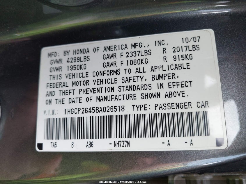1HGCP26458A026518 2008 HONDA ACCORD photo no. 9