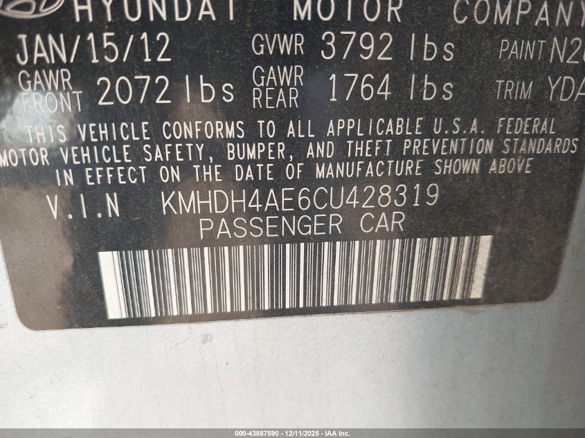 2012 Hyundai Elantra Limited (Ulsan Plant) VIN: KMHDH4AE6CU428319 Lot: 43887590