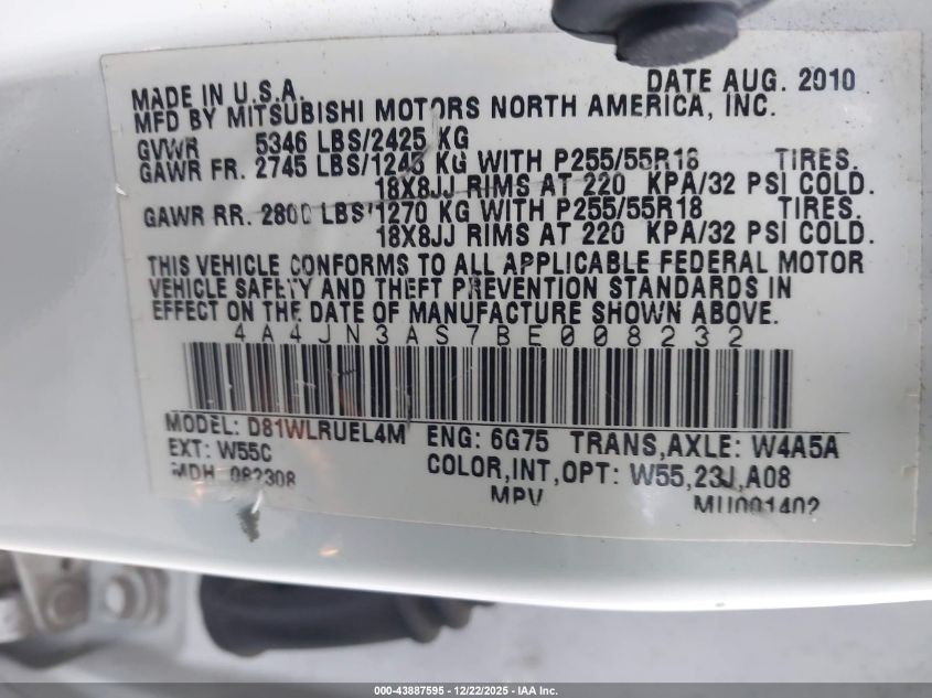 2011 Mitsubishi Endeavor Se VIN: 4A4JN3AS7BE008232 Lot: 43887595