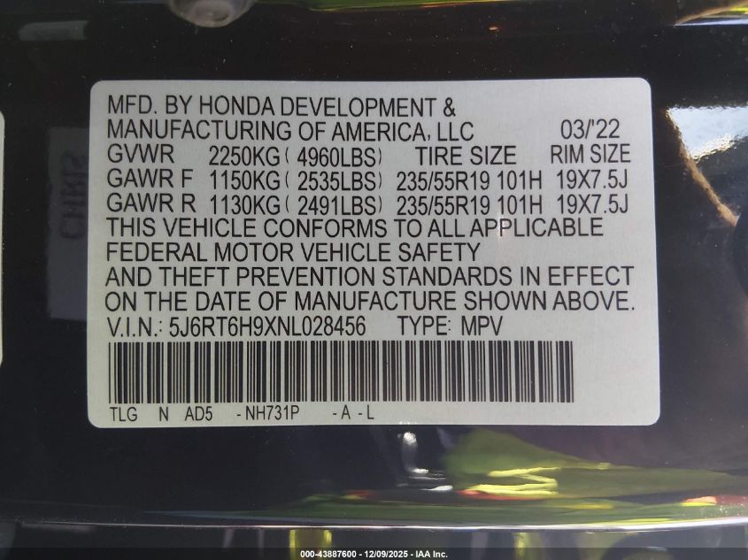 2022 Honda Cr-V Hybrid Touring VIN: 5J6RT6H9XNL028456 Lot: 43887600