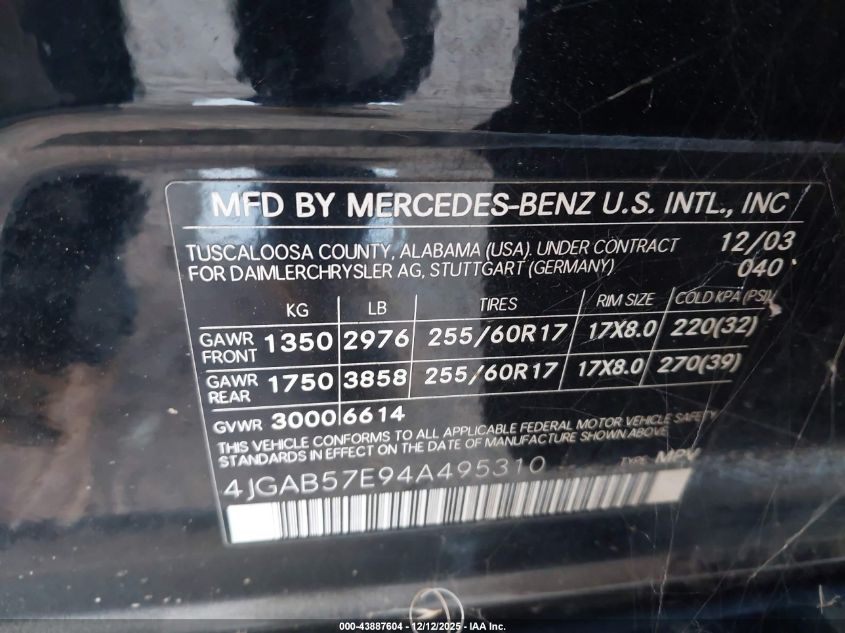 2004 Mercedes-Benz Ml 350 4Matic VIN: 4JGAB57E94A495310 Lot: 43887604