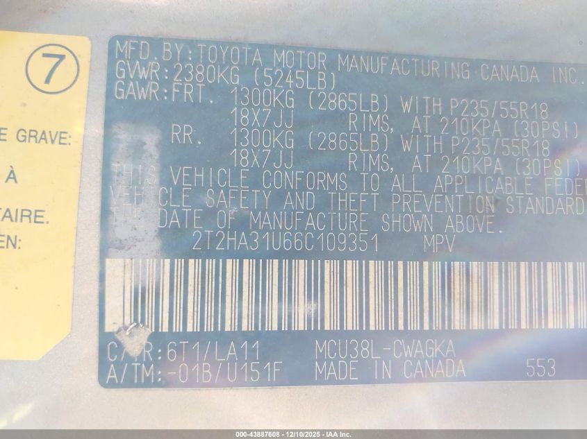 2006 Lexus Rx 330 VIN: 2T2HA31U66C109351 Lot: 43887608