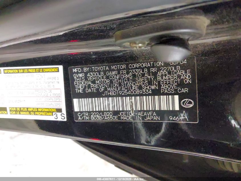 2004 Lexus Is 300 VIN: JTHBD192540089334 Lot: 43887611