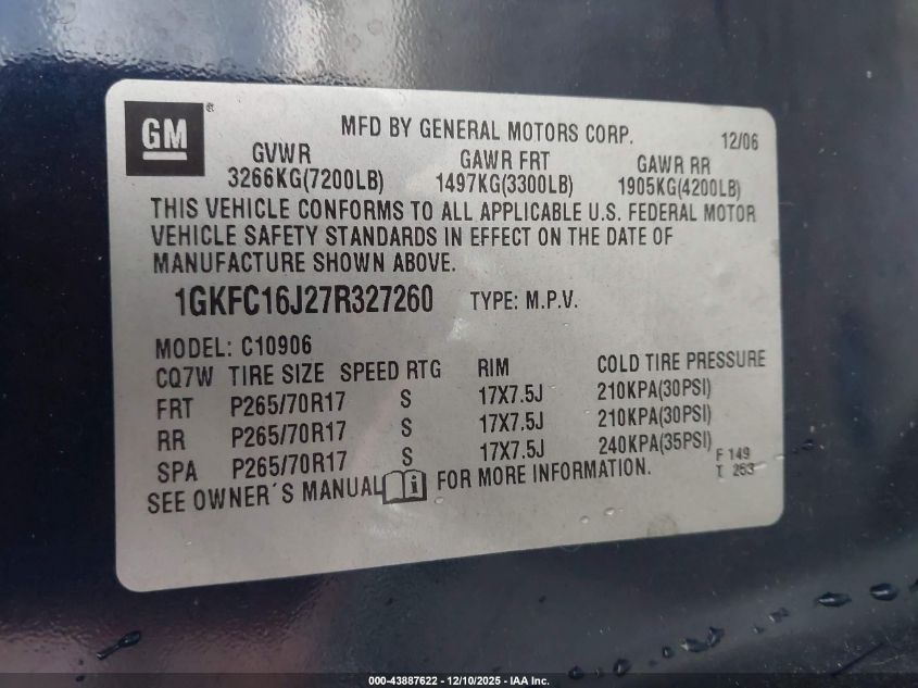 2007 GMC Yukon Xl 1500 Slt VIN: 1GKFC16J27R327260 Lot: 43887622