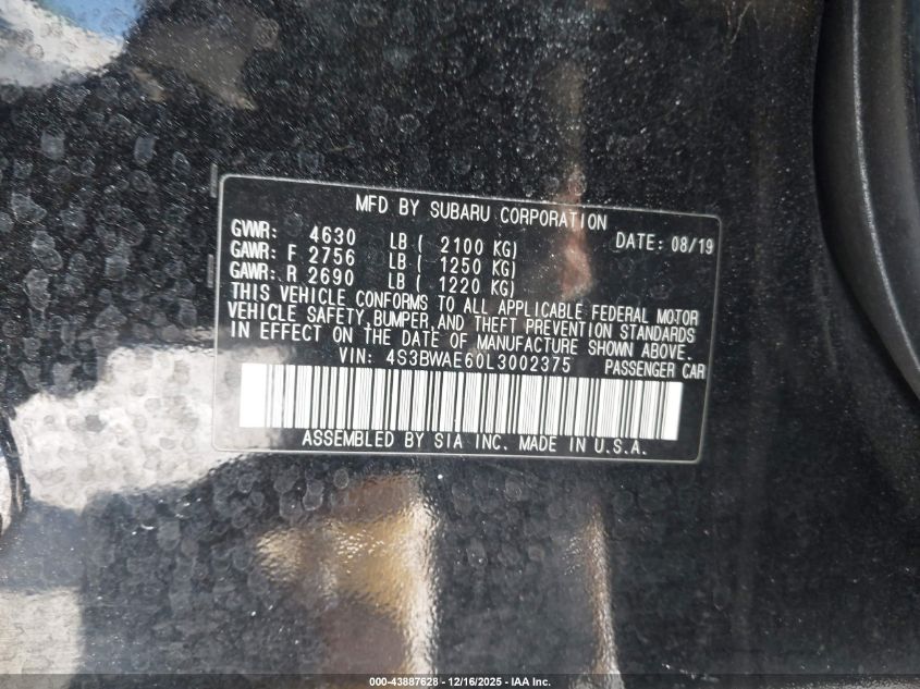 2020 Subaru Legacy Premium VIN: 4S3BWAE60L3002375 Lot: 43887628